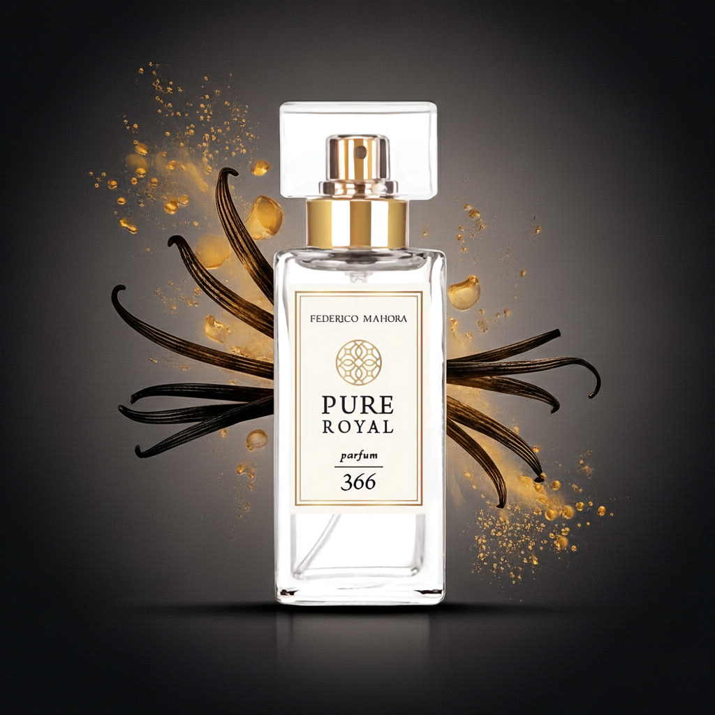 Dupe of YSL's Black Opium 'PURE ROYAL' with vanilla beans and gold accents on a dark background